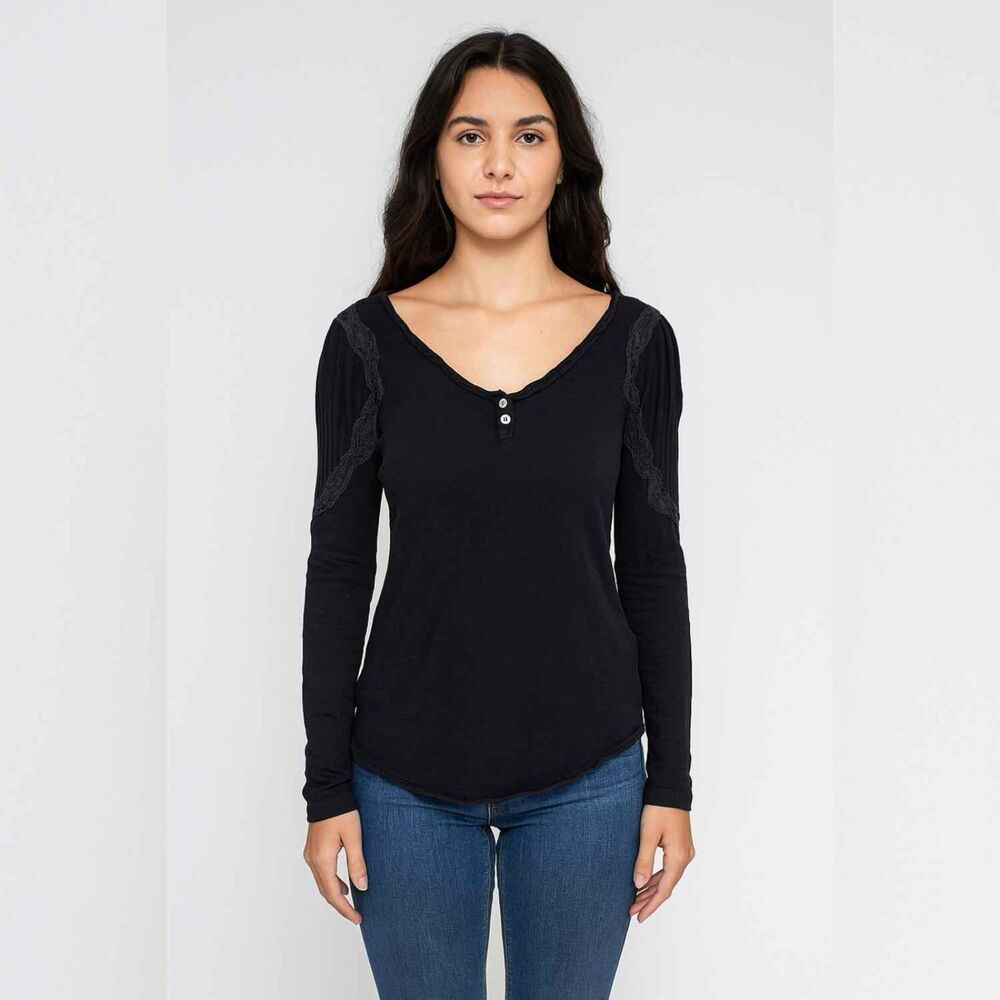 Free People Long Sleeve Mesh Insert Lace Trim Top